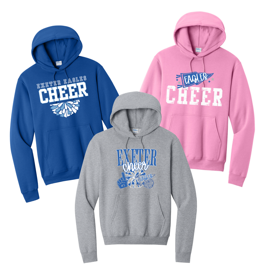 Three Exeter Eagles cheer hoodies on Port and Company Core Fleece in royal blue, light pink and sport grey, showing the Exeter Eagles Cheer varsity and pom design, the Eagles Cheer pennant design and the Exeter Cheer script with foam finger and poms