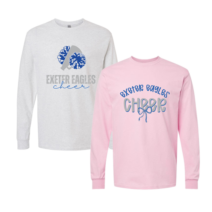 Two Exeter Eagles cheer long sleeve t-shirts on Gildan 5400 heavy cotton, one ash grey with a blue megaphone and poms above Exeter Eagles Cheer, one light pink with an Exeter Eagles Cheer script and bow design