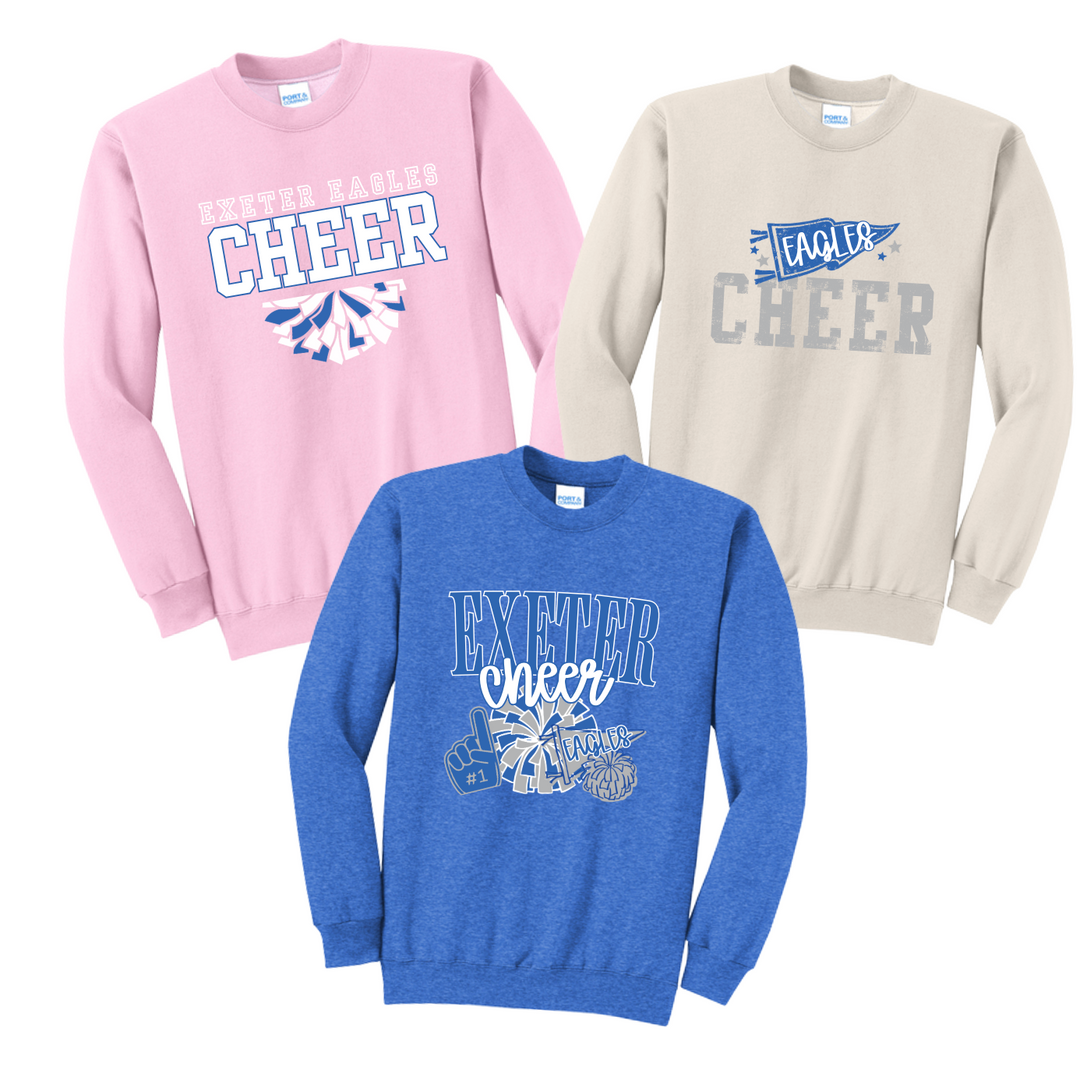 Three Exeter Eagles cheer crewneck sweatshirts on Port and Company Core Fleece in light pink, sand and heather royal, each with a different Eagles cheer design in blue, white and grey