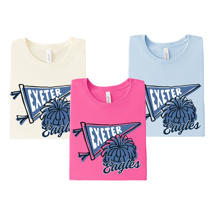 Exeter Eagles cheer pennant and pom t-shirts in hot pink, natural and light blue on soft BELLA+CANVAS 3001