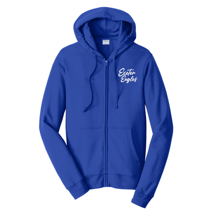 True royal Port and Company full-zip hooded sweatshirt with Exeter Eagles embroidered in white script on the left chest, dyed-to-match zipper and drawcords
