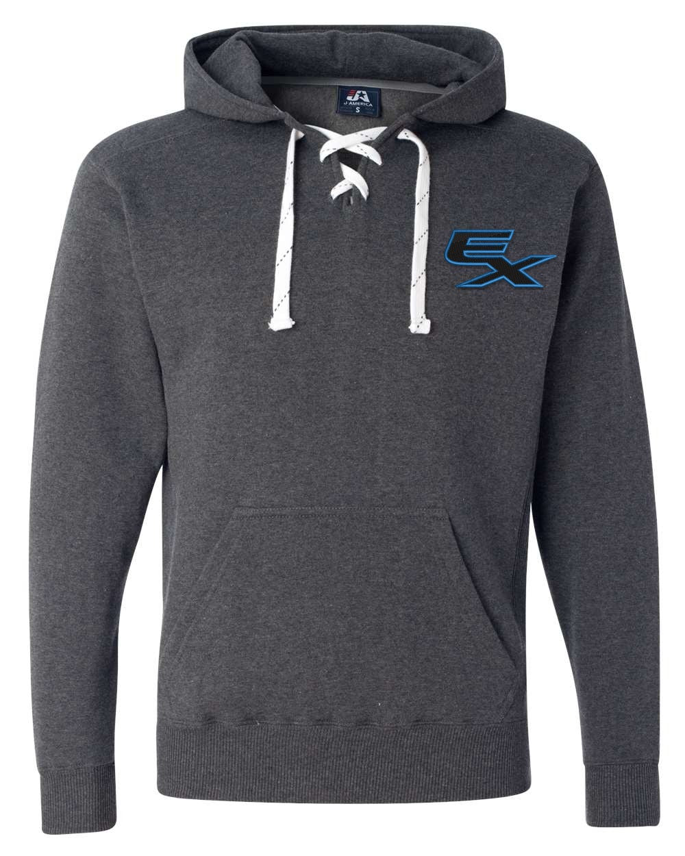 Exeter Eagles EX logo embroidered on the left chest of a charcoal heather lace-up hoodie, front view