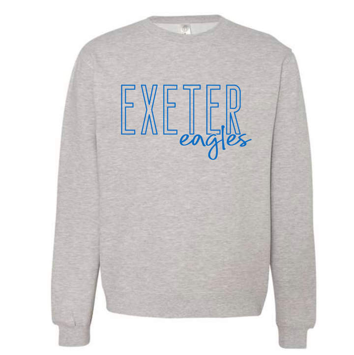 Grey heather Independent Trading crewneck sweatshirt printed in blue with EXETER in tall outline capitals and eagles in script across the lower right