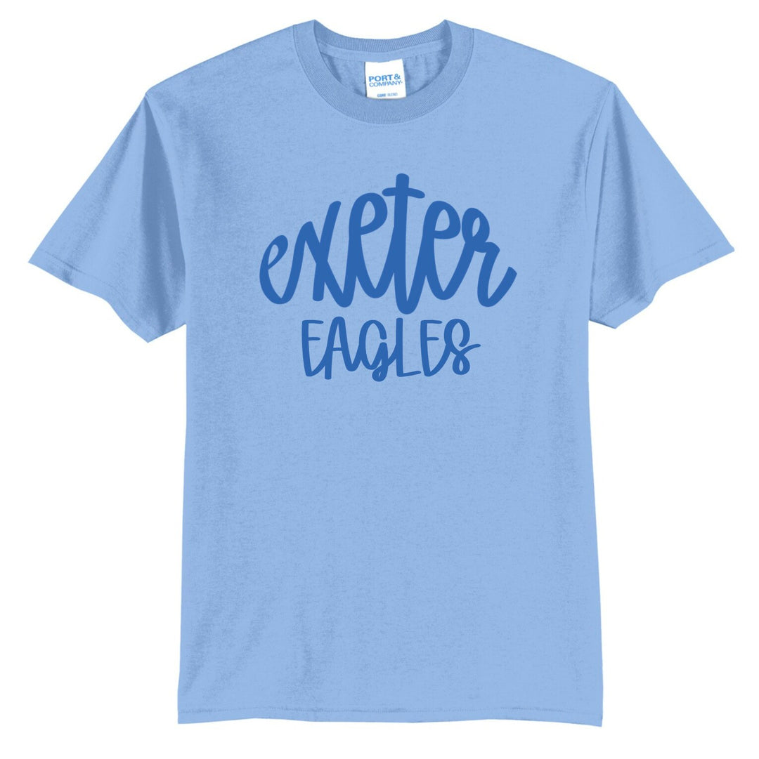 Exeter Eagles hand-lettered script spirit tee in light blue with royal blue script print