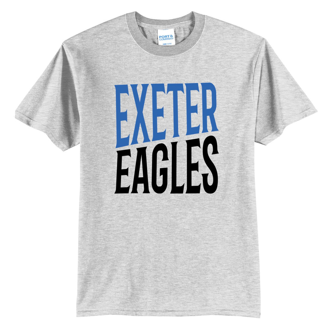 Exeter Eagles bold block spirit tee in ash grey with royal blue and black two-tone lettering