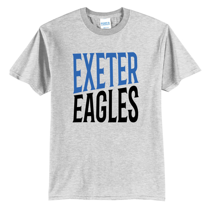 Example: ash grey tee with royal blue and black two-tone block lettering