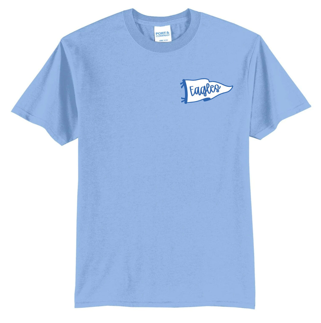 Exeter Eagles varsity flag spirit tee in light blue with a white left-chest pennant reading Eagles