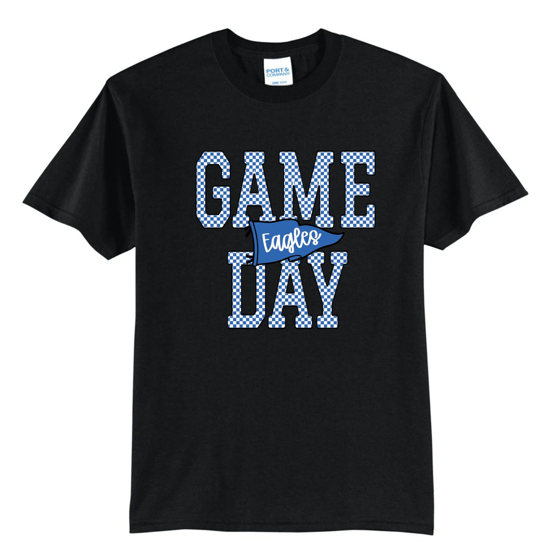 Exeter Eagles game day tee in black with blue checkered GAME DAY lettering and a blue Eagles pennant