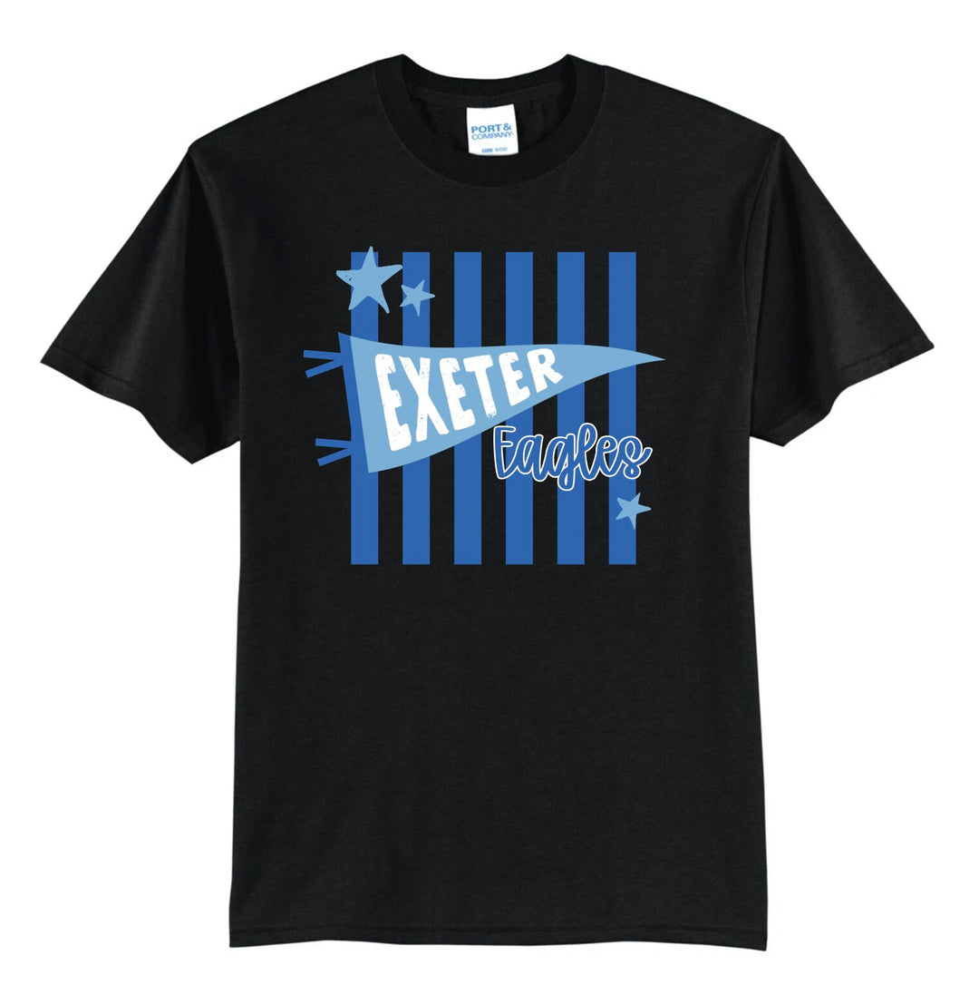 Exeter Eagles pennant stripes spirit tee in black with blue stripes, stars, and a light blue Exeter pennant