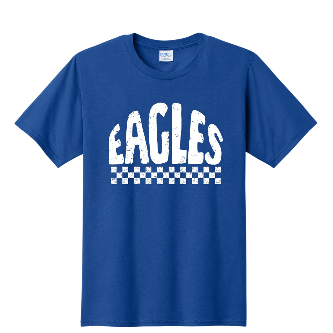 Exeter Eagles checkered retro spirit tee in royal blue with white distressed EAGLES print