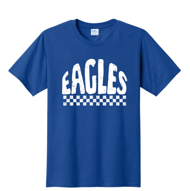 Example: royal blue tee with white distressed mascot and checkered stripe