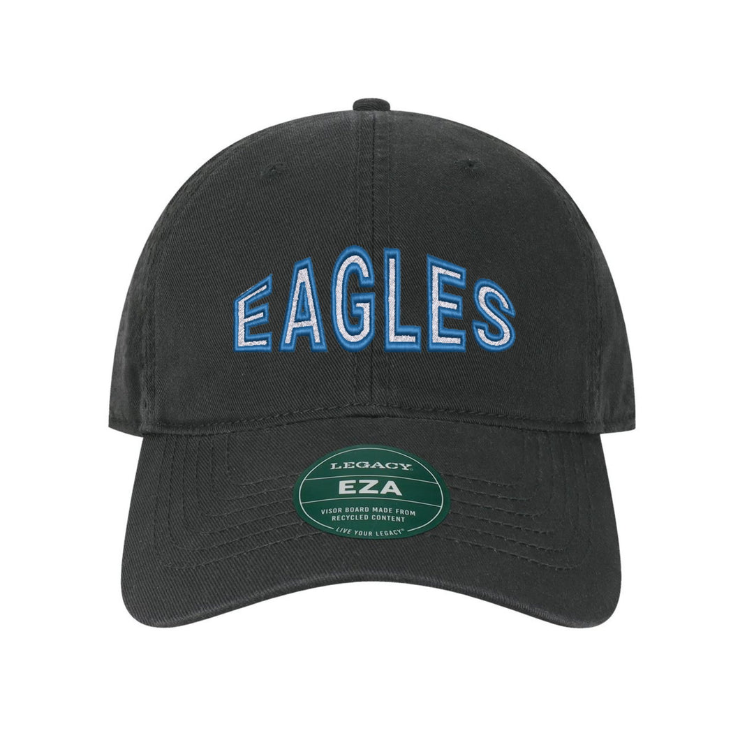 Exeter Eagles Mascot Arch embroidered dad cap, white and royal blue stitching on a black cap
