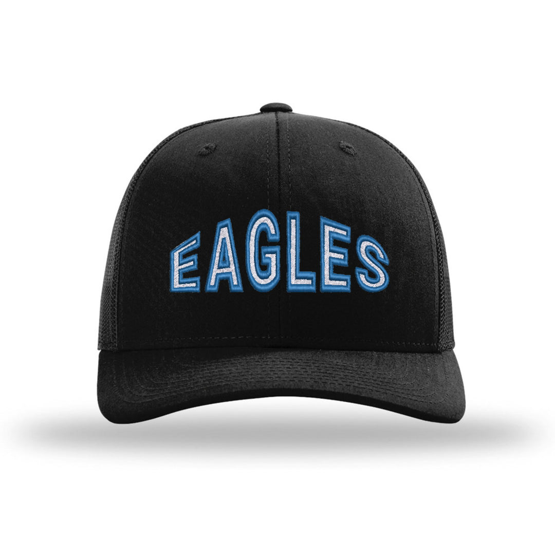 Exeter Eagles Mascot Arch embroidered trucker hat, white and royal blue stitching on a black hat