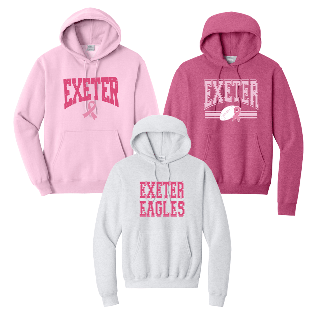 Three Exeter Pink Out pullover hoodies in light pink, heather sangria and ash, each with a different EXETER design in pink, two of them with a pink awareness ribbon and one with a football