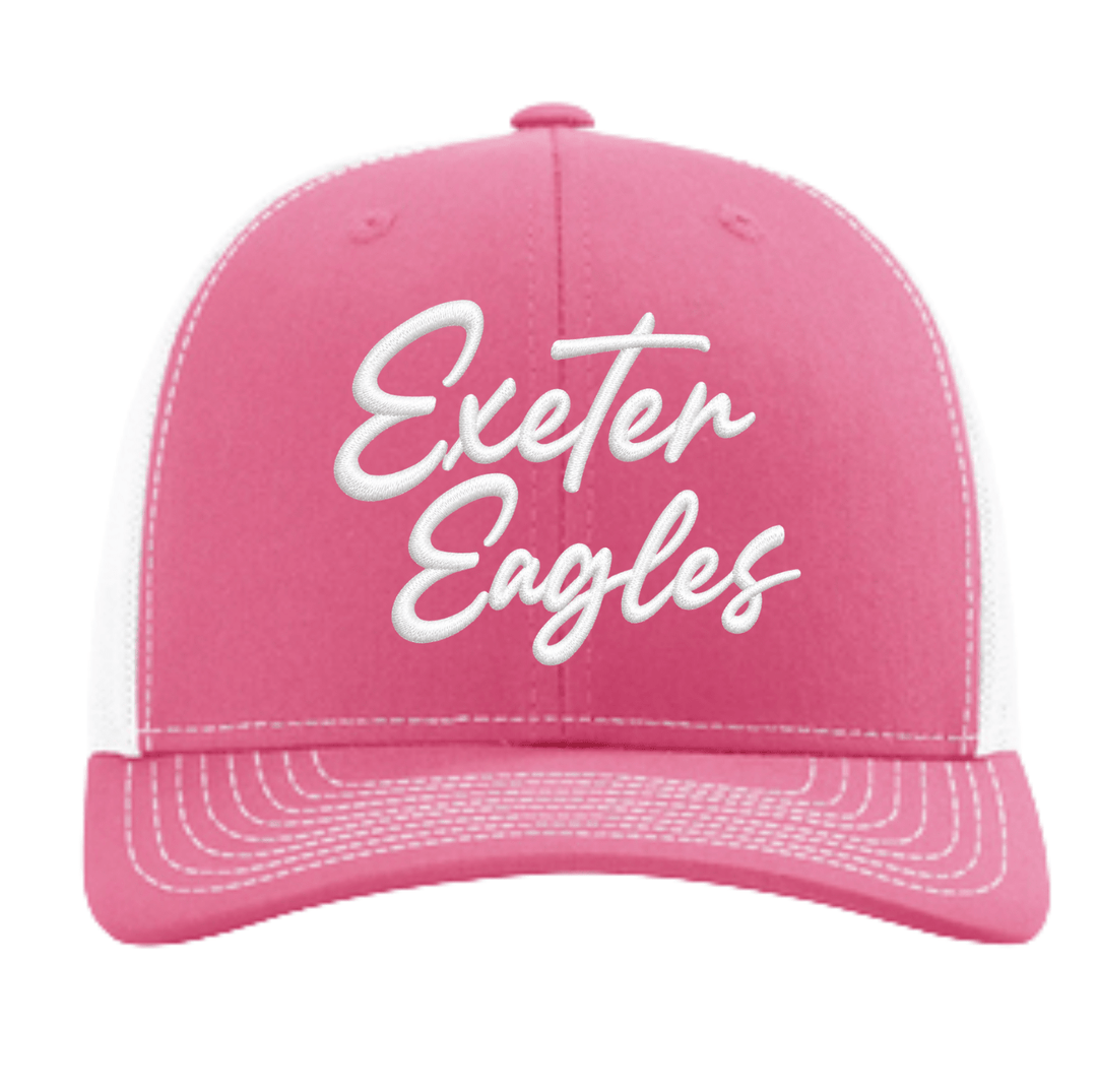Hot pink Richardson 112 trucker cap with a white mesh back and white contrast stitching, embroidered with Exeter Eagles in white script across the front