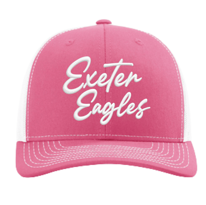 Hot pink Richardson 112 trucker cap with a white mesh back and white contrast stitching, embroidered with Exeter Eagles in white script across the front
