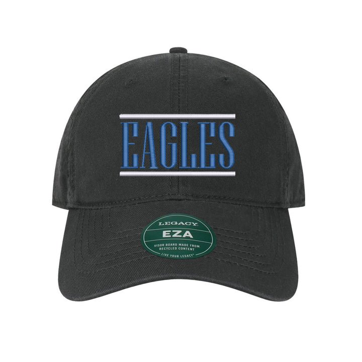 Exeter Eagles Varsity Bars embroidered dad cap, white and royal blue stitching on a black cap