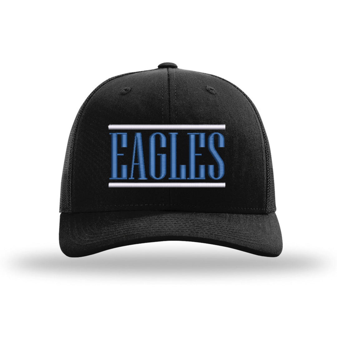 Exeter Eagles Varsity Bars embroidered trucker hat, white and royal blue stitching on a black hat