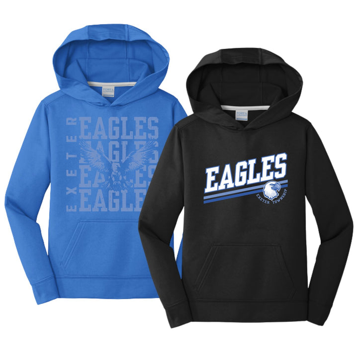 Exeter Eagles youth performance fleece hoodies, blue with repeating EAGLES eagle graphic and black with EAGLES varsity stripes and Exeter Township eagle logo