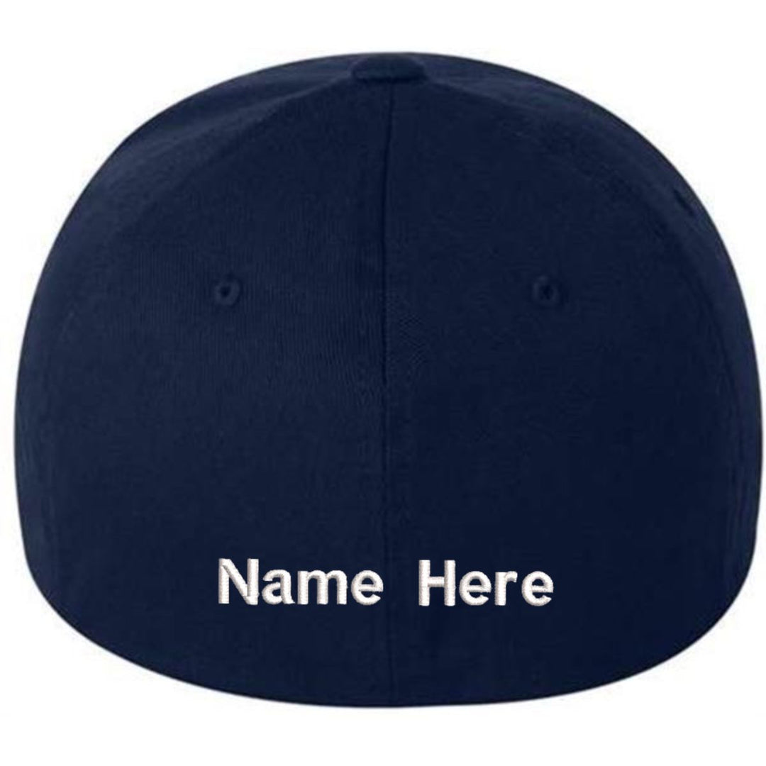 Navy blue Flexfit cotton blend cap with customizable white embroidered text on back