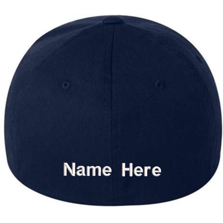 Navy blue Flexfit cotton blend cap with customizable white embroidered text on back