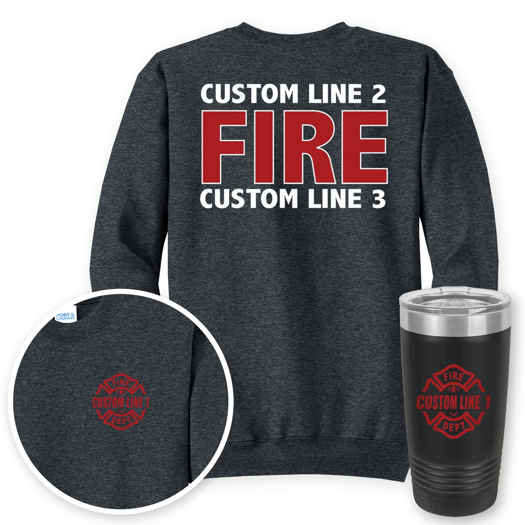 Personalized local fire department crewneck sweatshirt in Dark Heather Grey with matching printed 20oz tumbler gift set