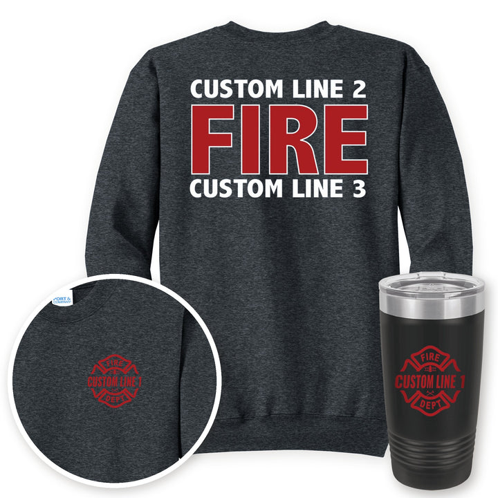 Personalized local fire department crewneck sweatshirt in Dark Heather Grey with matching printed 20oz tumbler gift set