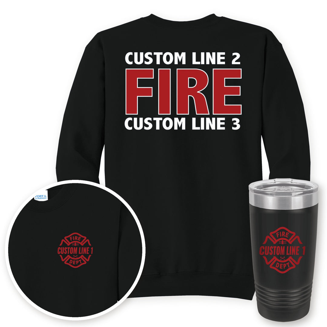 Personalized local fire department crewneck sweatshirt in Jet Black with matching printed 20oz tumbler gift set