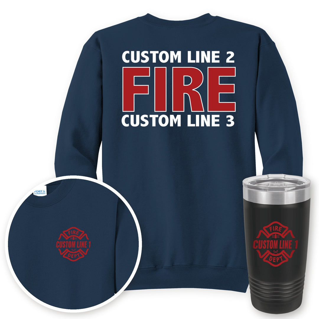 Personalized local fire department crewneck sweatshirt in Navy with matching printed 20oz tumbler gift set