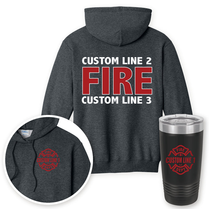 Personalized local fire department hoodie in Dark Heather Grey with matching printed 20oz tumbler gift set
