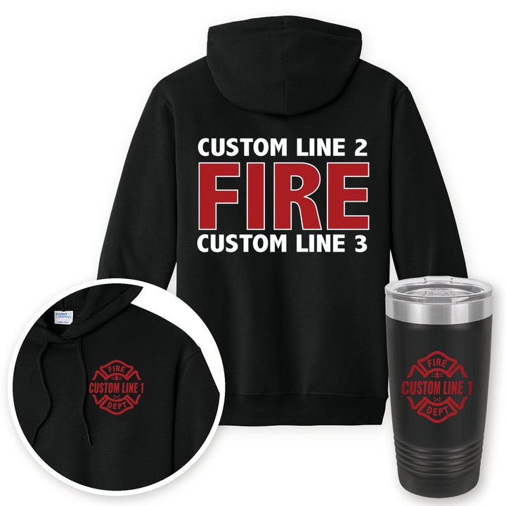 Personalized local fire department hoodie in Jet Black with matching printed 20oz tumbler gift set