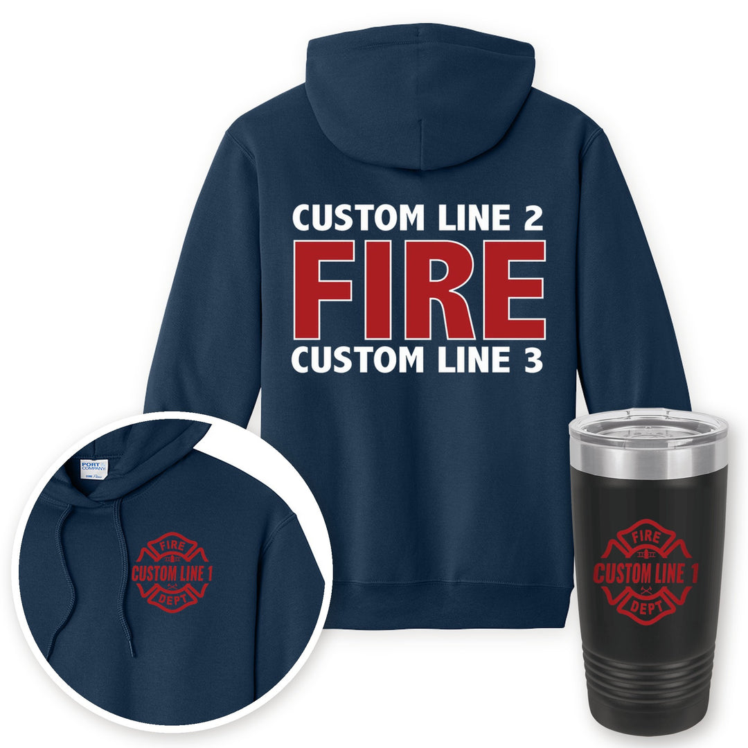 Personalized local fire department hoodie in Navy with matching printed 20oz tumbler gift set