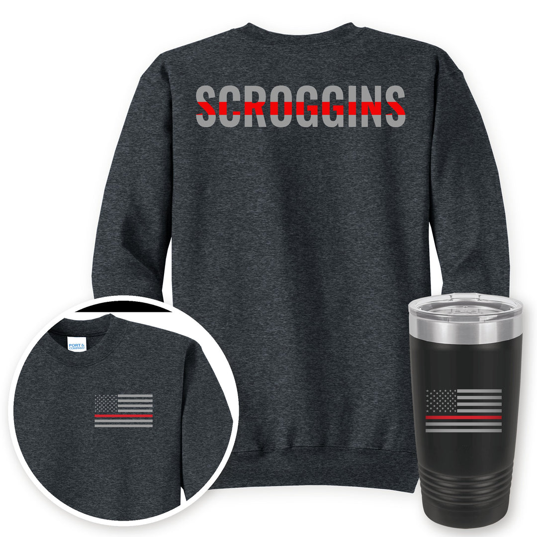 Personalized thin red line firefighter crewneck sweatshirt in Dark Heather Grey with matching printed 20oz tumbler gift set