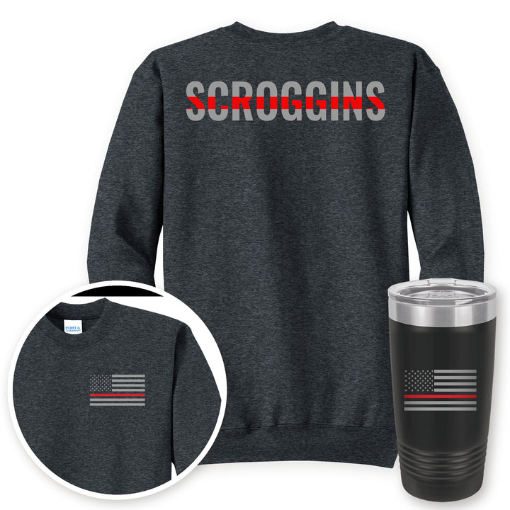 Personalized thin red line firefighter crewneck sweatshirt in Dark Heather Grey with matching printed 20oz tumbler gift set