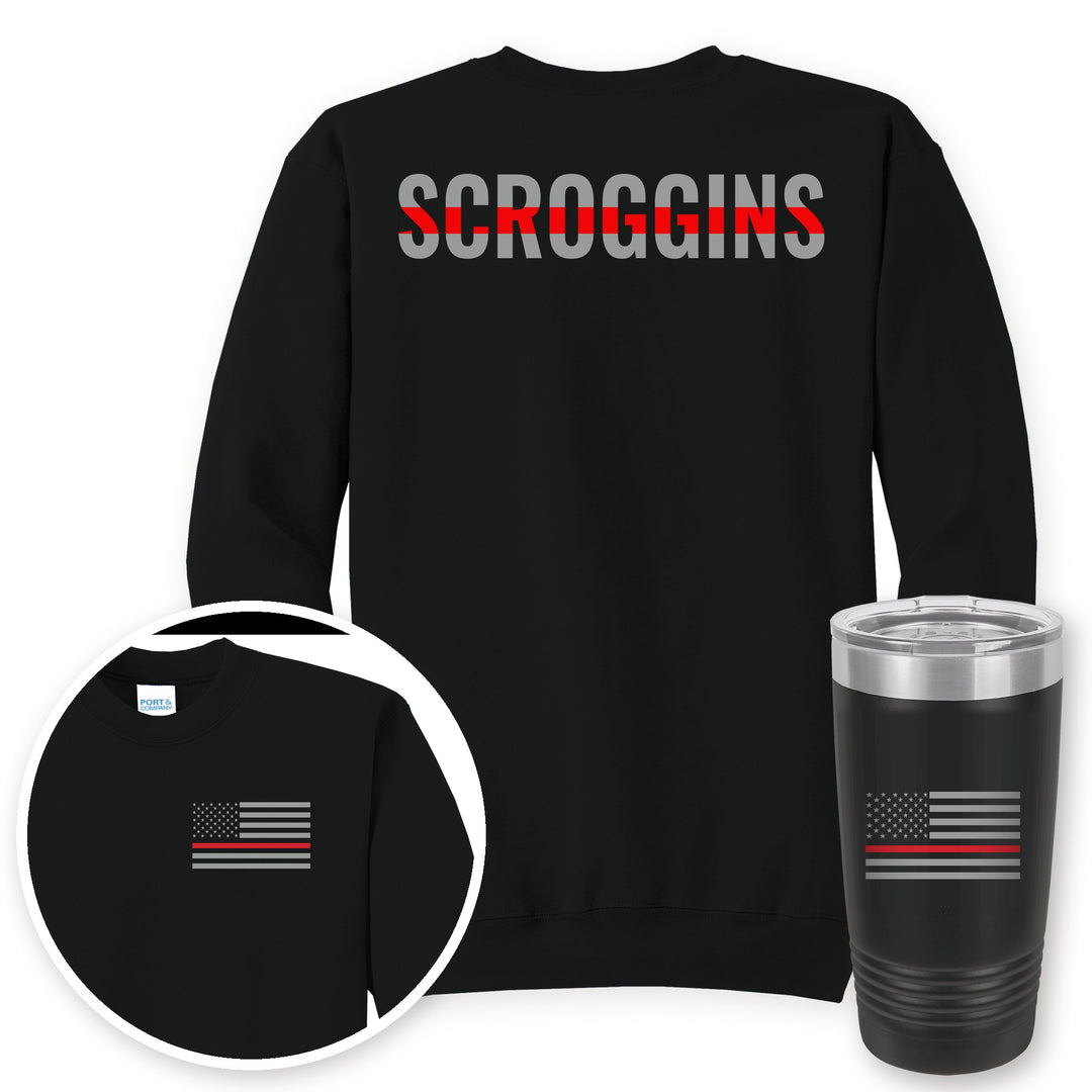 Personalized thin red line firefighter crewneck sweatshirt in Jet Black with matching printed 20oz tumbler gift set