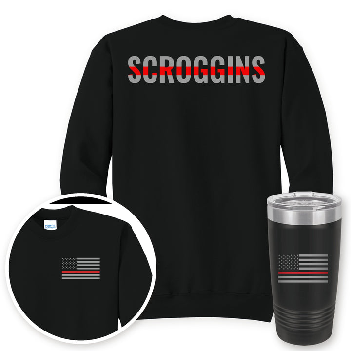 Personalized thin red line firefighter crewneck sweatshirt in Jet Black with matching printed 20oz tumbler gift set