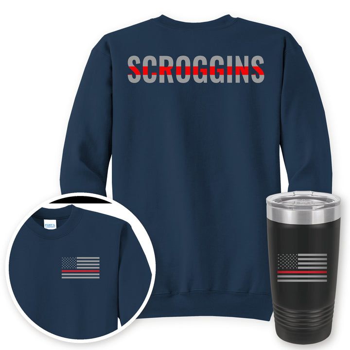 Personalized thin red line firefighter crewneck sweatshirt in Navy with matching printed 20oz tumbler gift set