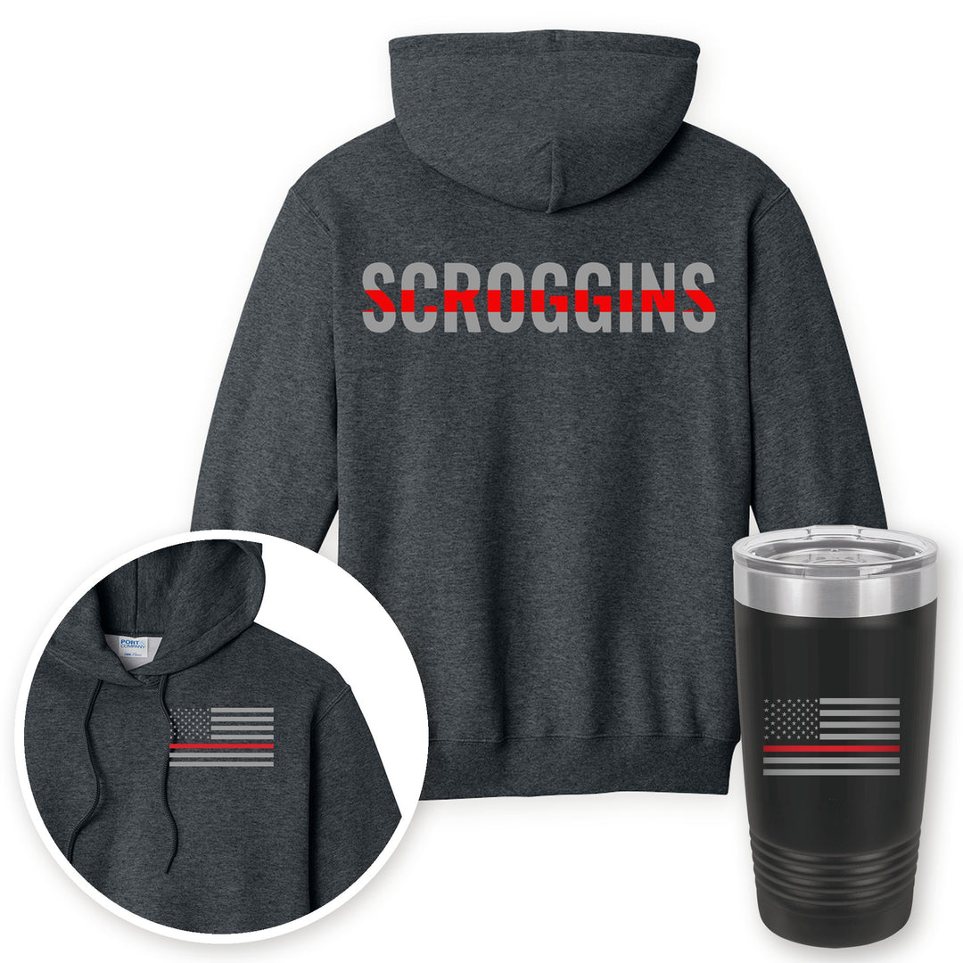 Personalized thin red line firefighter hoodie in Dark Heather Grey with matching printed 20oz tumbler gift set