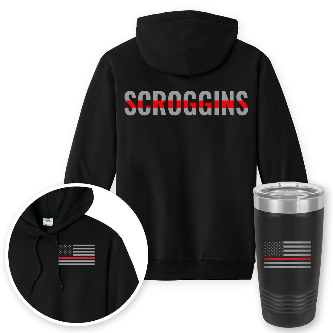 Personalized thin red line firefighter hoodie in Jet Black with matching printed 20oz tumbler gift set