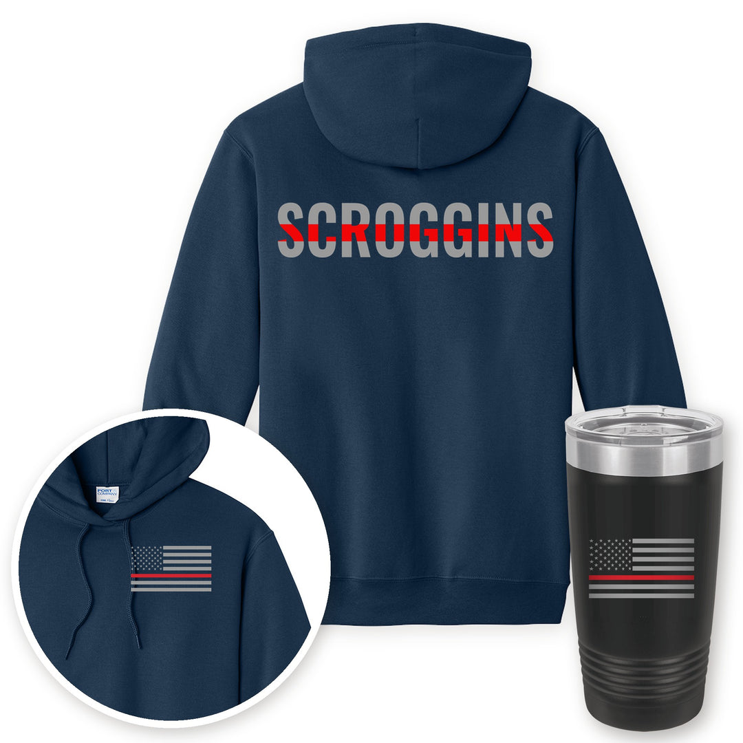 Personalized thin red line firefighter hoodie in Navy with matching printed 20oz tumbler gift set