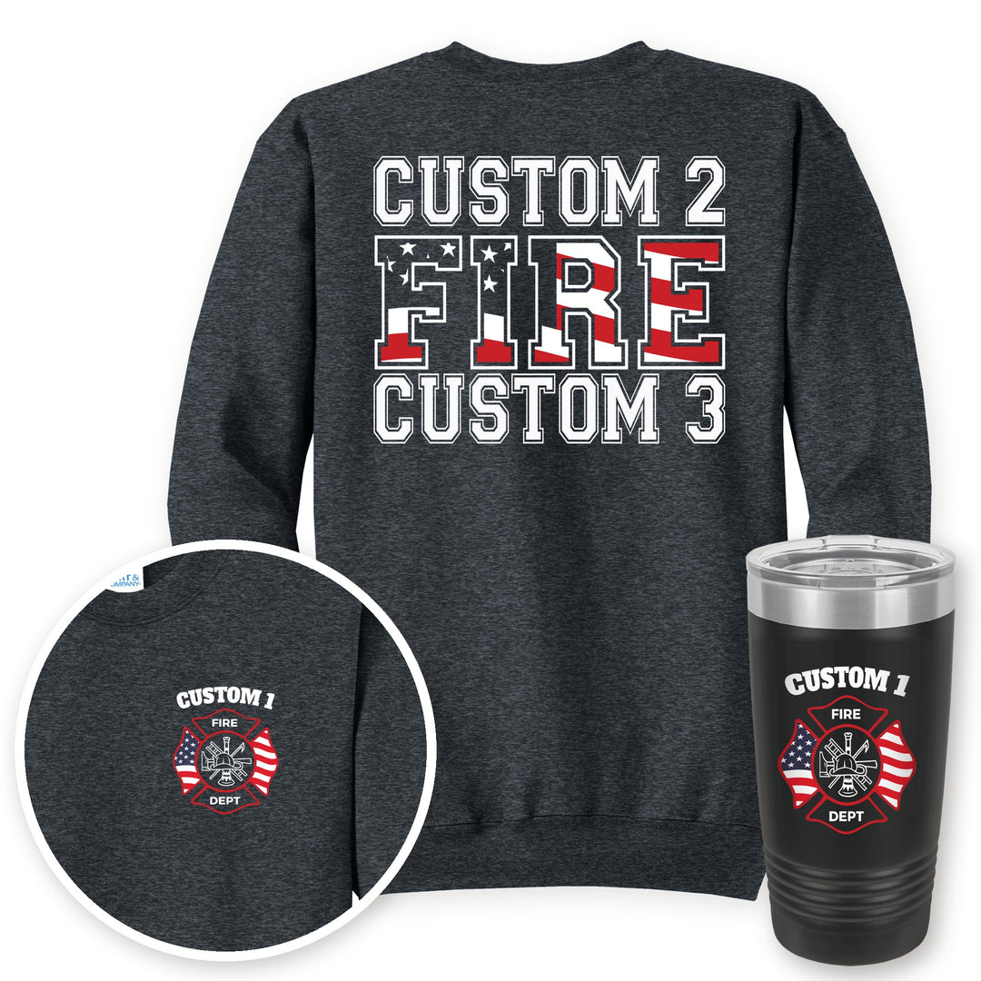 Personalized American flag firefighter crewneck sweatshirt in Dark Heather Grey with matching printed 20oz tumbler gift set