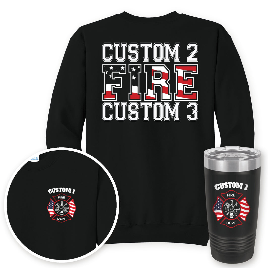 Personalized American flag firefighter crewneck sweatshirt in Jet Black with matching printed 20oz tumbler gift set