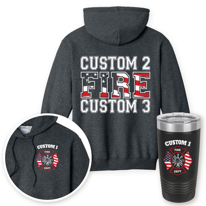 Personalized American flag firefighter hoodie in Dark Heather Grey with matching printed 20oz tumbler gift set