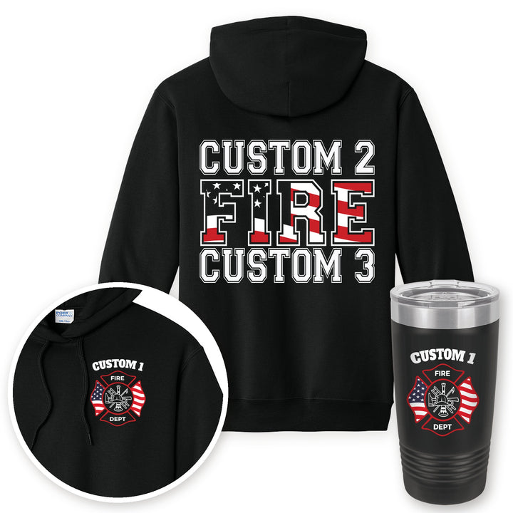 Personalized American flag firefighter hoodie in Jet Black with matching printed 20oz tumbler gift set