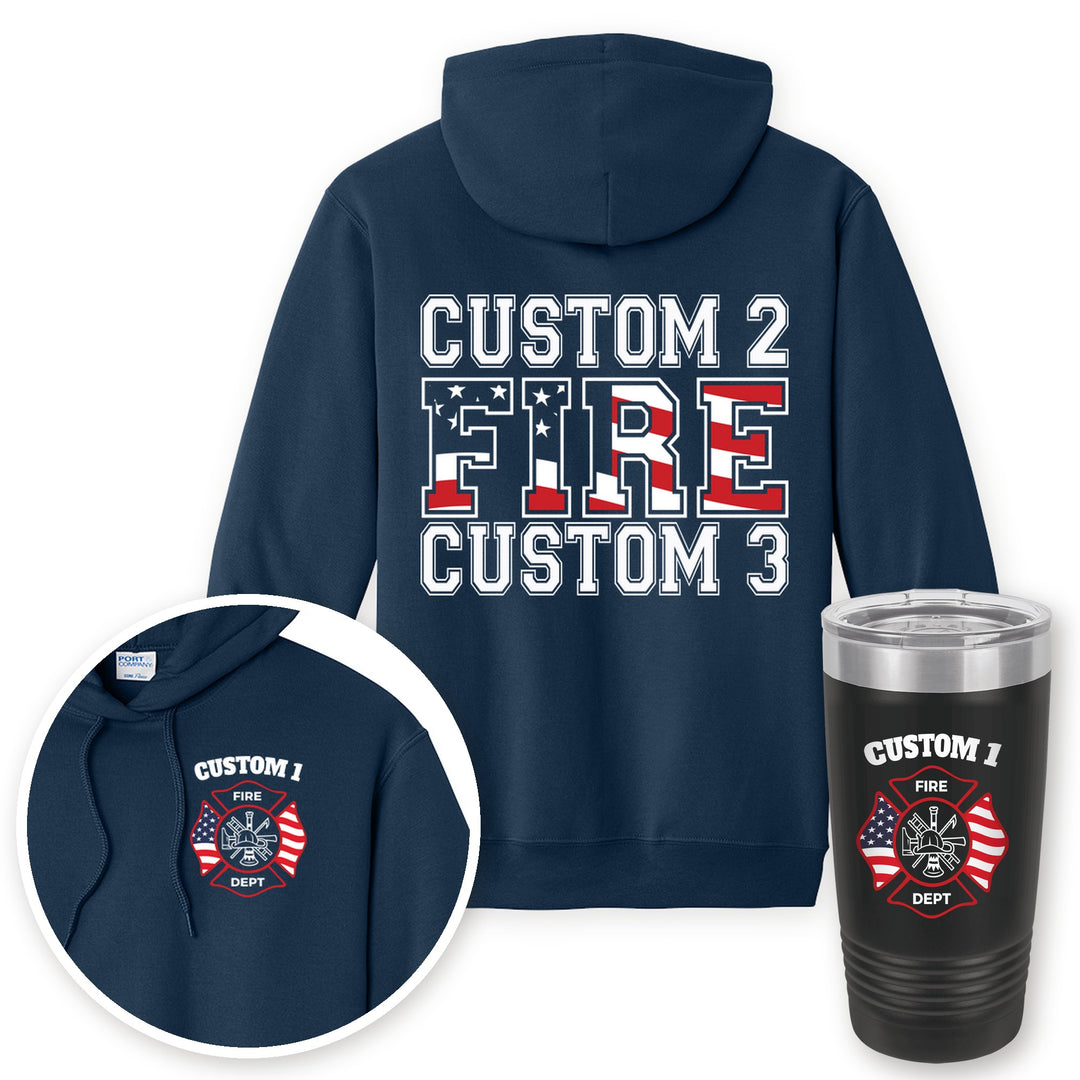 Personalized American flag firefighter hoodie in Navy with matching printed 20oz tumbler gift set
