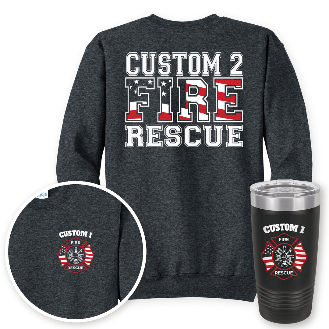 Personalized fire rescue crewneck sweatshirt in Dark Heather Grey with matching printed 20oz tumbler gift set