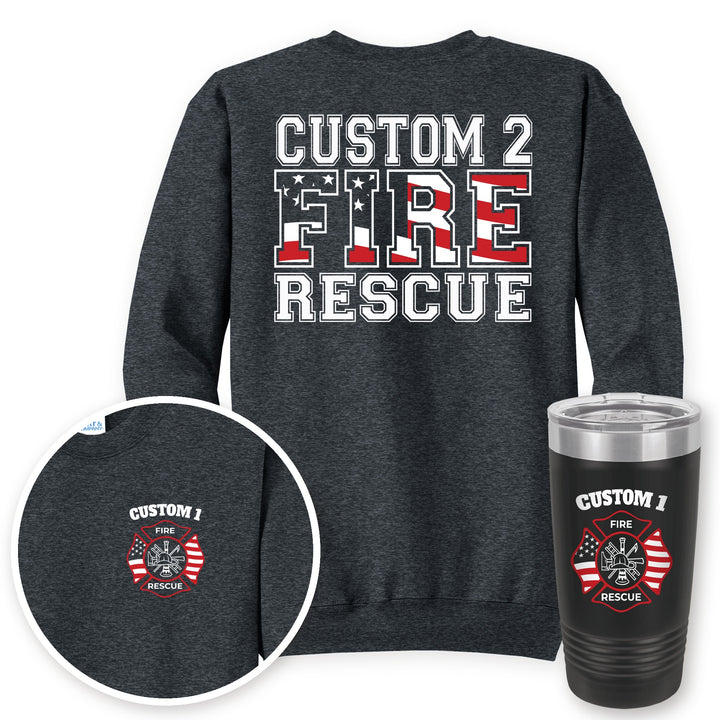 Personalized fire rescue crewneck sweatshirt in Dark Heather Grey with matching printed 20oz tumbler gift set