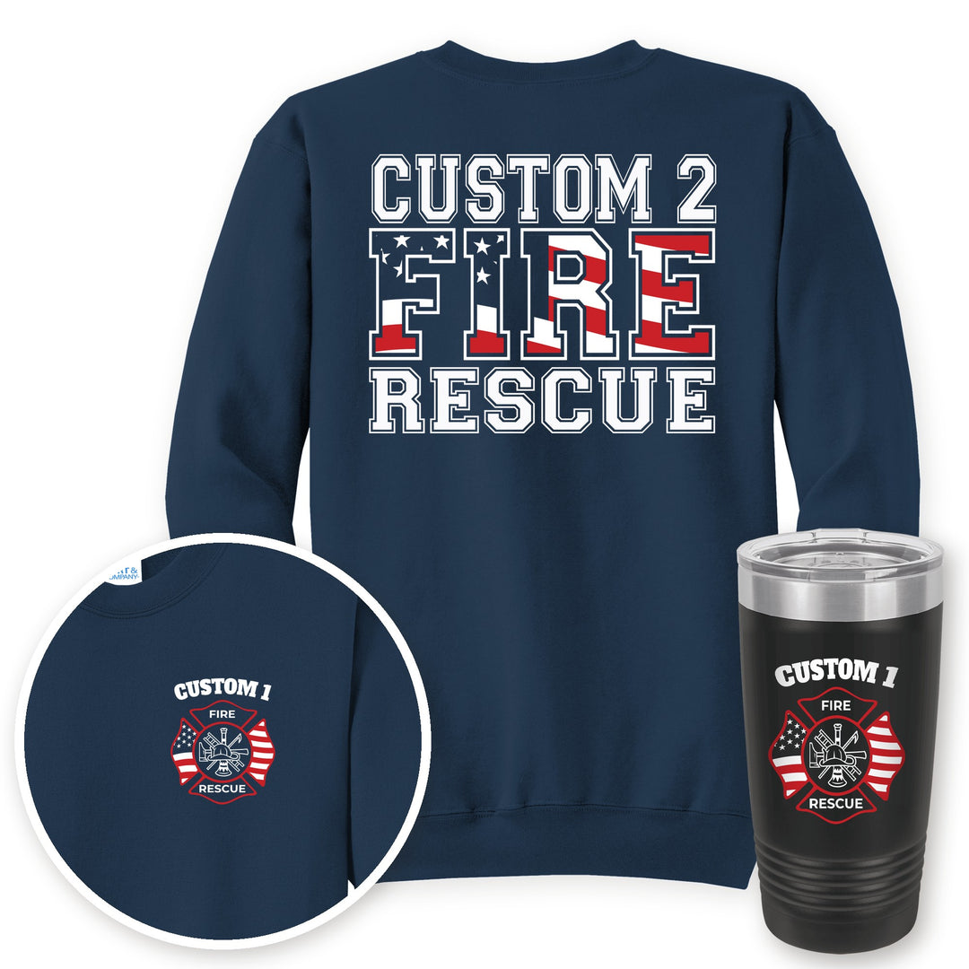 Personalized fire rescue crewneck sweatshirt in Navy with matching printed 20oz tumbler gift set