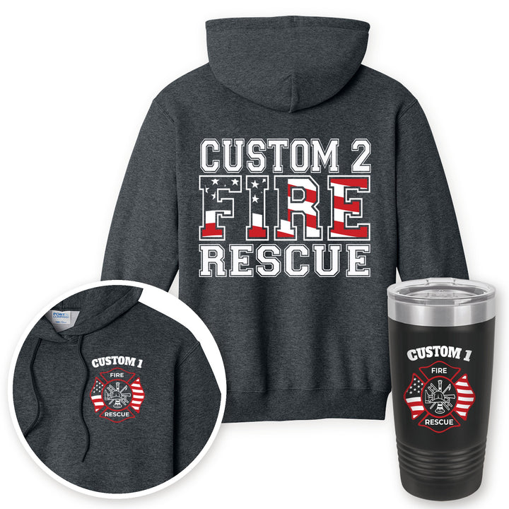Personalized fire rescue hoodie in Dark Heather Grey with matching printed 20oz tumbler gift set