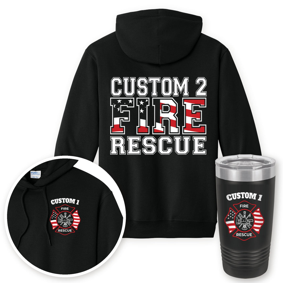 Personalized fire rescue hoodie in Jet Black with matching printed 20oz tumbler gift set